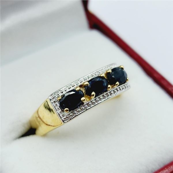 GOLD PLATED STERLING SILVER NATURAL BLUE SAPPHIRE WITH WHITE SAPPHIRE RING, SIZE 7, W/A $650.00. SAP