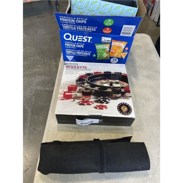 ROULETTE DRINKING GAME AND BOX OF PARTY DECOR