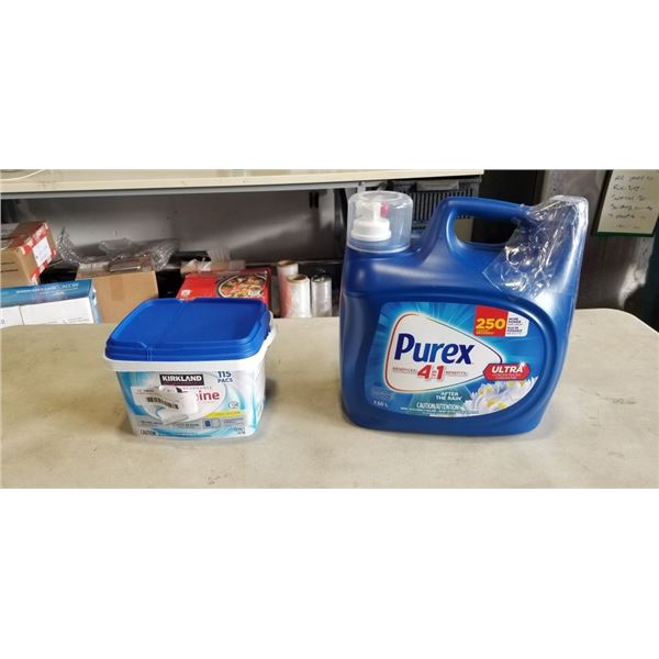 PUREX 4 IN 1 LAUNDRY SOAP (7.5 L) AND KIRKLAND ULTRABRIGHT DISHWASHER DETERGENT.