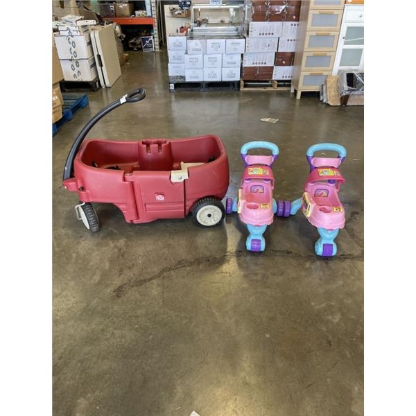 KIDS RED WAGON AND 2 RIDE ON CARS