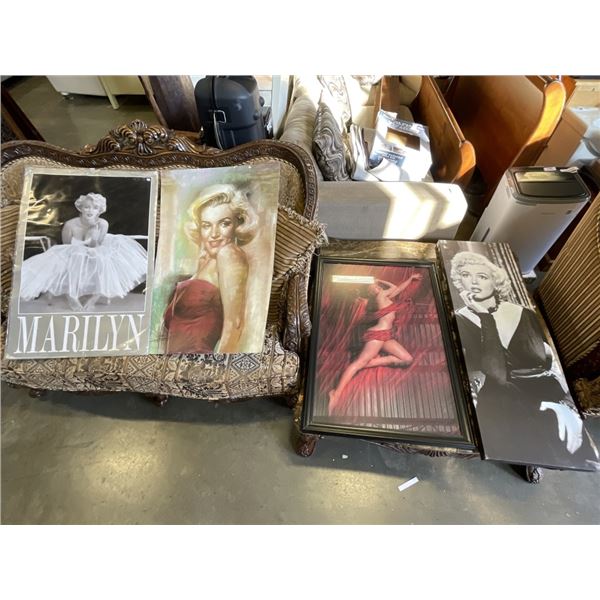 MARILYN MANROE FRAMED PRINT, CANVAS ART, AND 2 IMAGES ON BOARD
