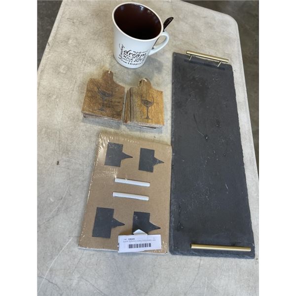 SLATE SERVING CHARCUTERIE BOARD, AND DECORATIVE MUG, TAGS AND MINI BOARDS