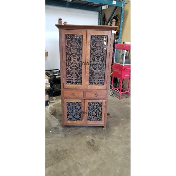 ANTIQUE 4 DOOR CABINET WITH CAST IRON AND GLASS DOORS