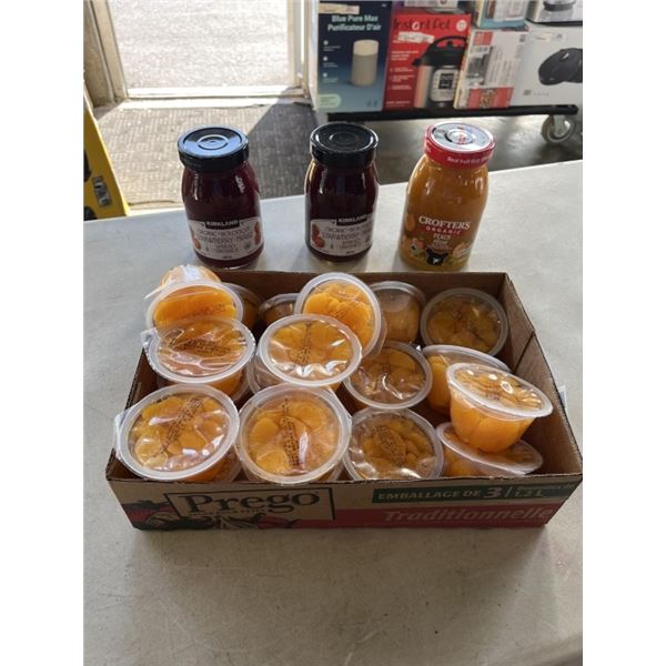 3 NEW / SEALED JARS OF JAM AND TRAY OF ORANGE FRUIT CUPS - BB JAN 2027