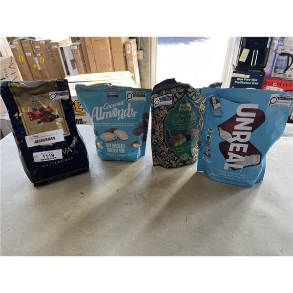 4 OPEN BAGS OF ASSORTED CHOCOLATES -  ALL BB MAY/JUNE/JULY 2027, 3 OF 4 BAGS CONTAIN SEALED INDIVIDU