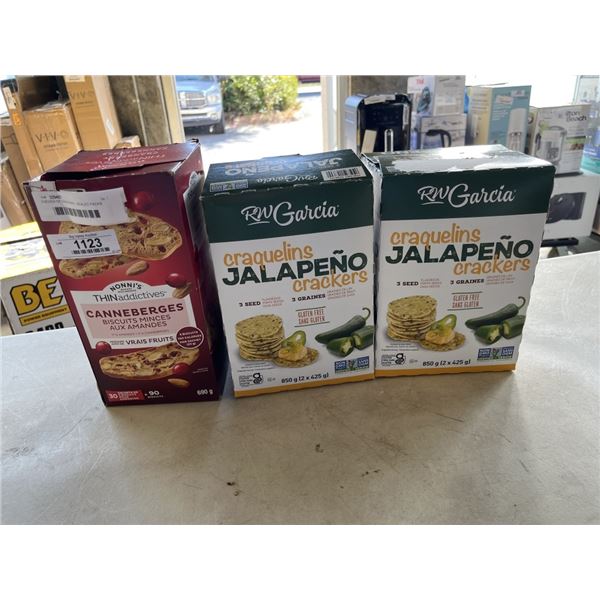 3 BOXES OF CRACKERS - SEALED PACKS NONNIS THINS, 2 SEALED BAG CRAQUELINES JALEPENO CRACKERS AND 2 OP