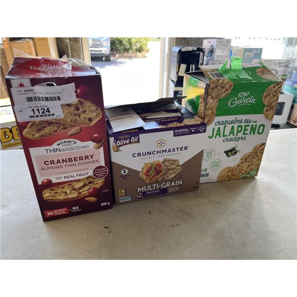 3 BOXES OF CRACKERS - SEALED PACKS NONNIS THINS, SEALED BAG CRAQUELINES JALEPENO CRACKERS, 1 OF 2 SE