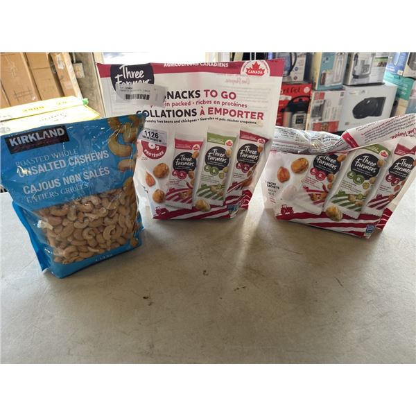 3 BAGS OF ASSORTED NUTS - 2 BAGS SEALED SNACKS TO GO, OPEN BAG OF CASHEWS