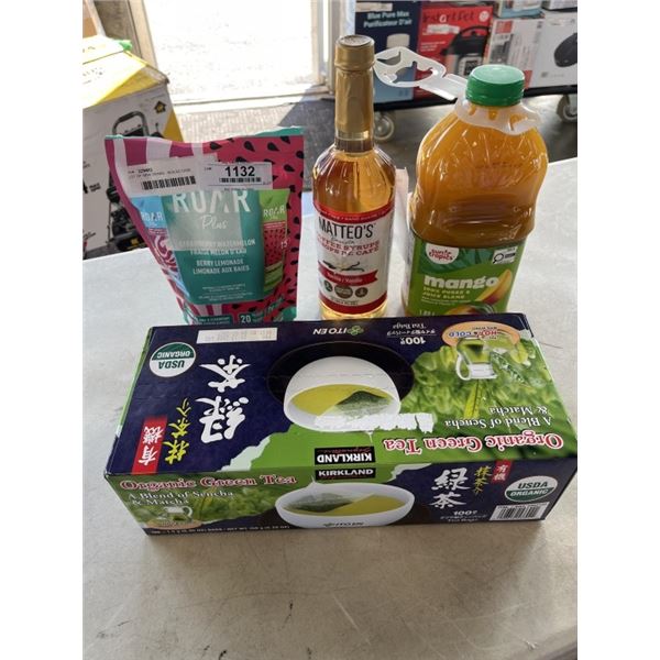 LOT OF NEW DRINKS - SEALED CASE GREEN TEA, SEALED JUG MANGO JUICE, SEALED VANILLA SYRUP, SEALED PACK
