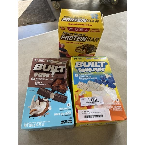 3 BOXES OF INDIVIDUALLY SEALED PROETIN BARS - BOXES MISSING FEW BARS EACH