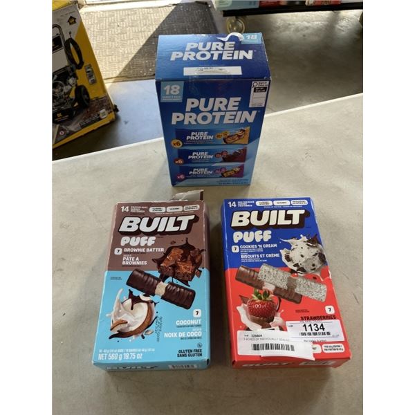 3 BOXES OF INDIVIDUALLY SEALED PROETIN BARS - BOXES MISSING FEW BARS EACH