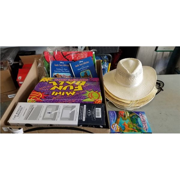 BOX OF NEW SUN HATS AND SUNSCREEN SHADES FOR AUTOMOBILE