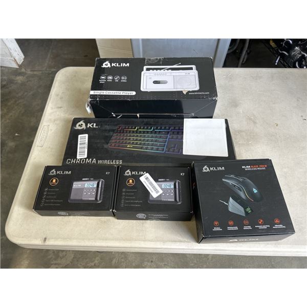 KLIM CHROMA KEYBOARD, AND KLIM BLAZE PRO WIRELESS MOUSE, AND SINGLE CASETTE PLAYER, AND 2 PORTABLE C