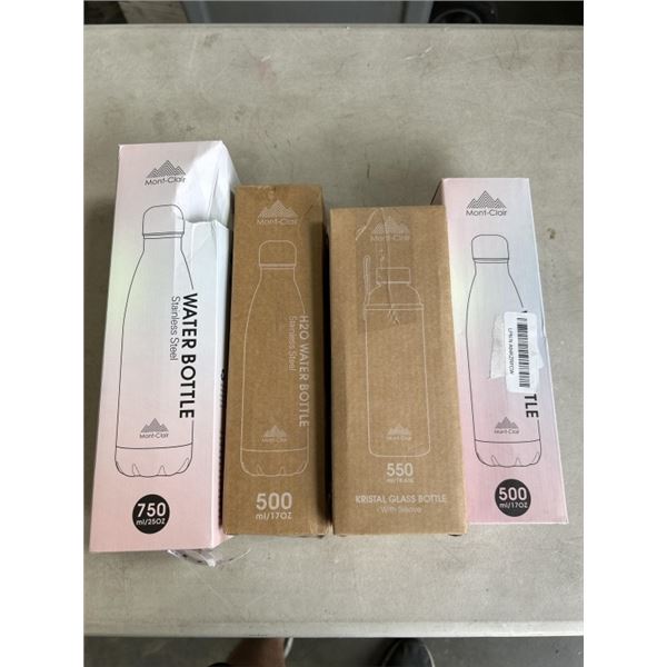 3 MONT-CLAIR STAINLESS STEEL BOTTLES AND KRISTAL GLASS BOTTLE WITH SLEEVE