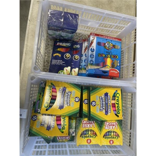 2 CRATES OF NEW CRAYONS AND MARKERS, PENCILS AND MORE