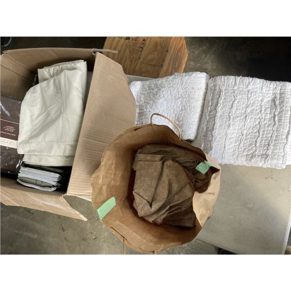 LARGE BOX OF ASSORTED BEDDING AND LINENS  - MOST AS NEW