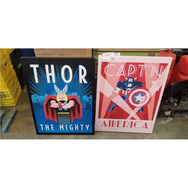 2 SUPER HERO CANVAS PRINTS - THOR AND CAPTAIN AMERICA, BOTH 24" x 32"