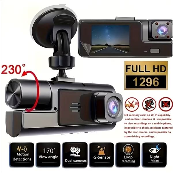 NEW DUAL CAMERA 1296P DASHCAM, LOOP RECORDING, NIGHT VISION, MOTION DETECTION AND PARKING MONITORING