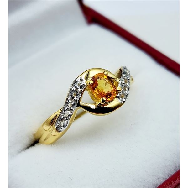GOLD PLATED STERLING SILVER NATURAL ORANGE SAPPHIRE WITH WHITE SAPPHIRE RING, SIZE 7, W/A $750.00. S