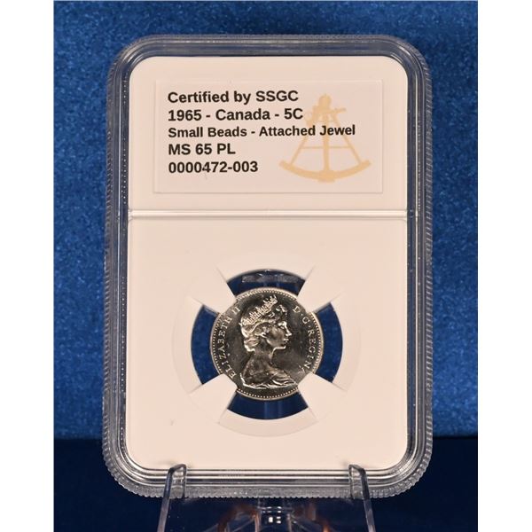 Canada 1965 5 Cent SSGC MS 65 PL Small Beed, Attached Jewel