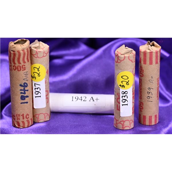 Canada, 1 Cent Rolls (5), King George First Portrait, 5 years from 1937, 38, 39, 42, 46 circulated c