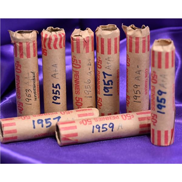 Canada, 1 Cent Rolls (8) QE II Laureate Portrait 5 Years 1953, 55, 56, 57 (2), 59 (3) circulated con