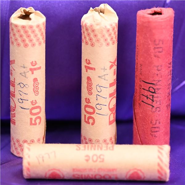 Canada 1 Cent Rolls (4) QE II Tiara Portrait 4 years 1978 -79 (circulated) 1971-77(uncirculated) rol