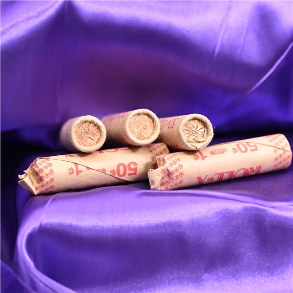 Canada 1 Cent Rolls (5) QE II Second Tiara Portrait Modified 2 years,  uncirculated 1980 (2), 81 (1)