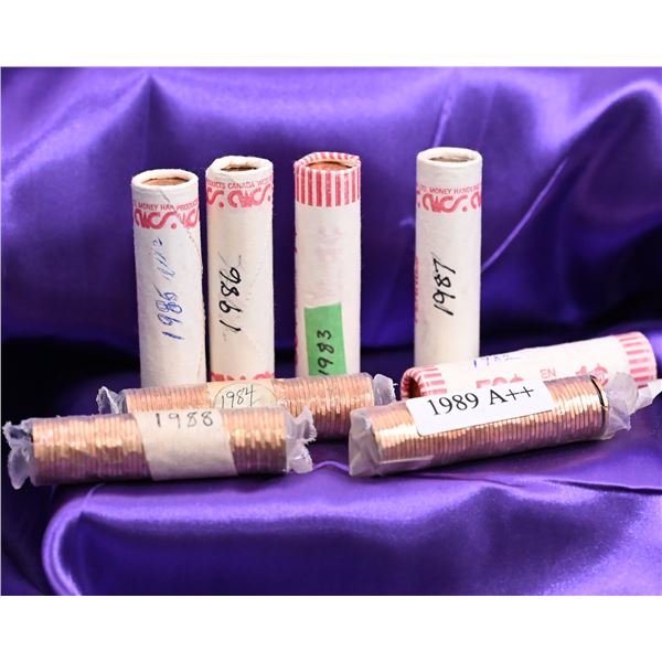 Canada 1 Cent Rolls (8) QE II Second Tiara Portrait, 12 sided, 8 years, all uncirculated, 1982 thru 