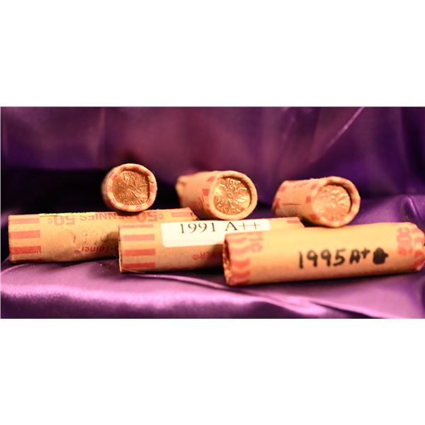 Canada 1 Cent Rolls (6) QE II Third Diademed Portrait, 12 sided, 6 years, circulated, 1990 thru 1995