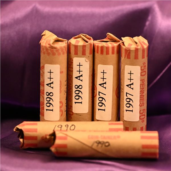 Canada 1 Cent Rolls (6), QE II Third Diademed Portrait, 12 sided (2) 1990  and Fourth Diademed Portr