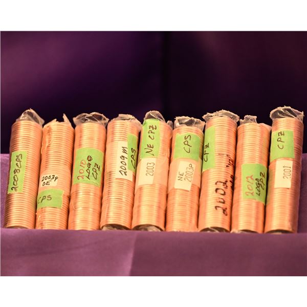 Canada 1 Cent Rolls (10). QE II Uncrowned Portrait 2001 through 2012, this lot has a mix of CPS & CP