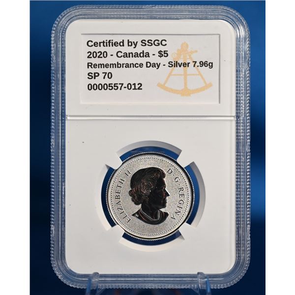 Canada 2020 5 Dollar Moments to Hold Series  Fine Sliver .999 Remembrance Day SSGC SP 70 Mintage 100