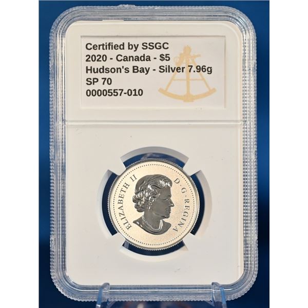 Canada 2020 5 Dollar Moments to Hold Series  Fine Sliver .999 HBC SSGC SP 70 Mintage 100,000. (Tax E