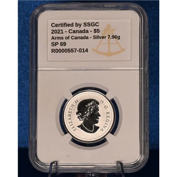 Canada 2021 5 Dollar Moments to Hold Series  Fine Sliver .999 Arms of Canada SSGC SP 69 Mintage 100,