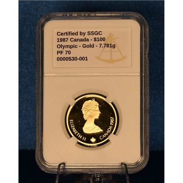 Canada 1987 100 Dollar Gold Coin SSGC PF 70,with Edge Lettering, Calgary Olympic Commemorative 7.781