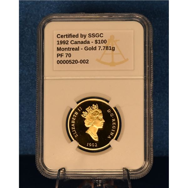 Canada 1992 100 Dollar Gold Coin SSGC PF 70, Montreal 350 Year Anniversary Commemorative 7.781g Au