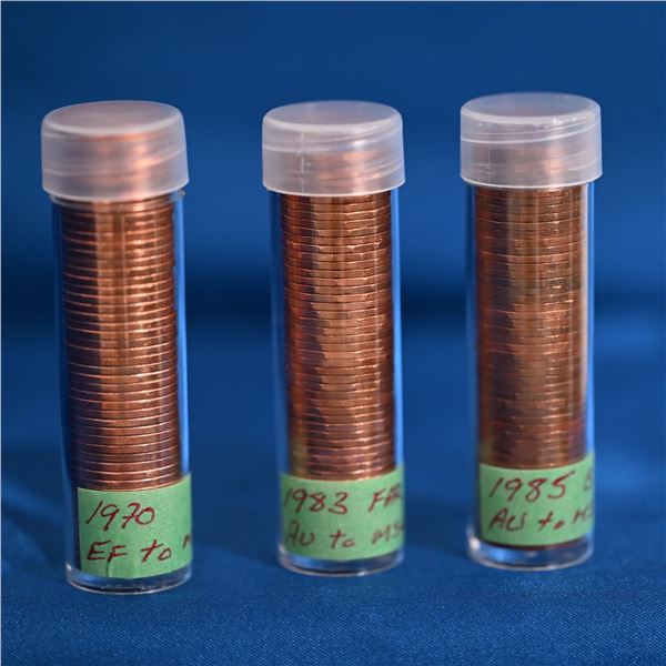 Canada 1 Cent Lot, Tubes of 50 (1) 1983 AU to MS 60, (1) 1985 AU to MS 60, (1) 1970 EF to AU