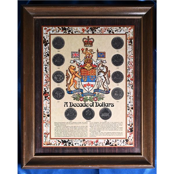 Framed, "Decade of Canadian Dollars" 1968 to 1977 Nickel dollars with a Canadian Coat of Arms 13 1/2