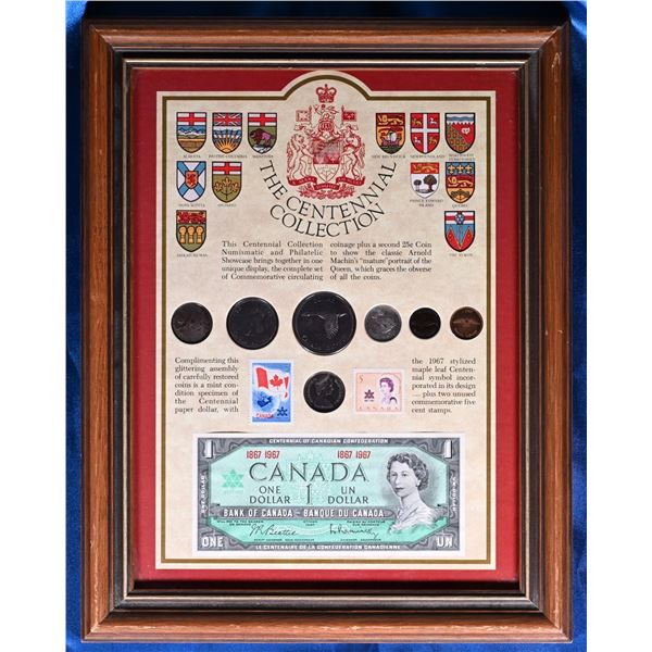 Framed " The Centennial Collection" Seven coins, two Stamps and Centennial 1 Dollar Bill. 13 3/4" X 