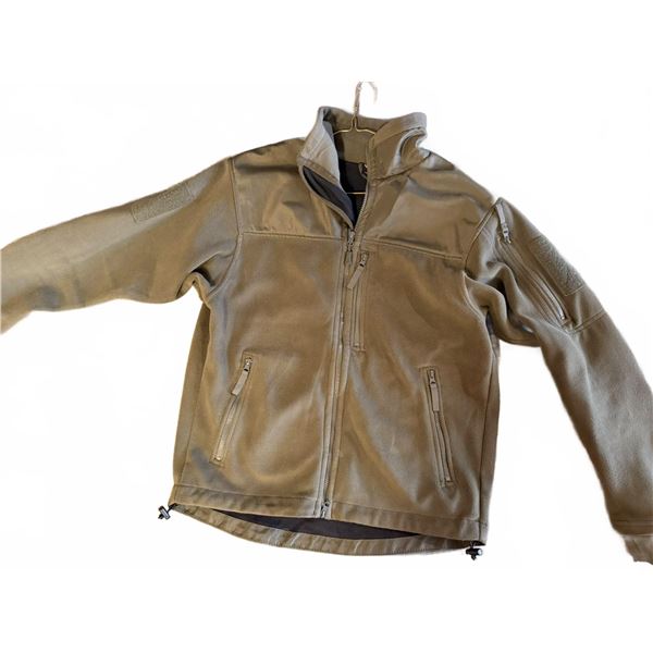 Olive Green Tactical Softshell Jacket with Multiple Zippered Pockets and Drawstring Hem
