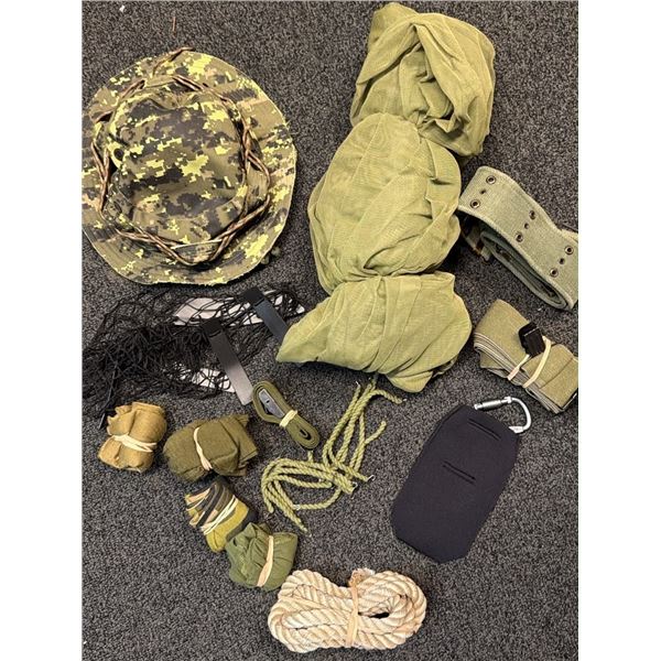 Military Surplus Camouflage Kit With Hat, Fabric Wraps, Knife, Pouches, Rope and Gear