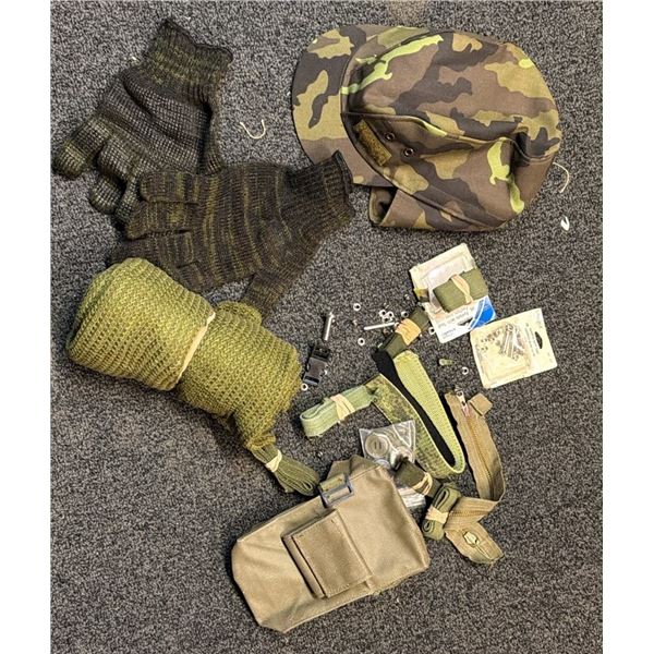 Military Surplus Lot: Camouflage Cap, Gloves, Pouch, Green Web Gear and Accessories