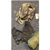 Image 3 : Military Surplus Lot: Camouflage Cap, Gloves, Pouch, Green Web Gear and Accessories