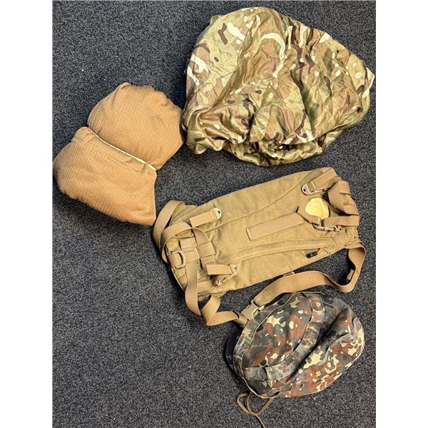 Military Gear Lot: Camouflage Helmet Covers, Tactical Backpack, Brown Scarf/Snood Set
