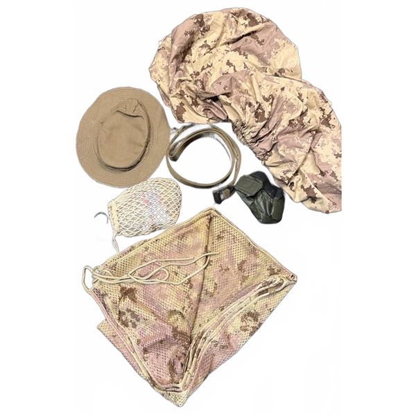 Military Camouflage Gear with Boonie Hat, Belt, Gloves, and Netting