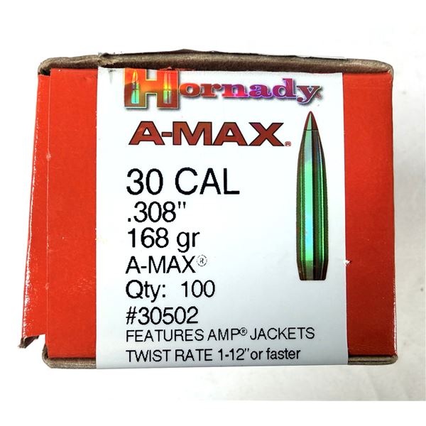 30 / 308 Cal Hornady A-Max Bullets x100 - 168 Grain