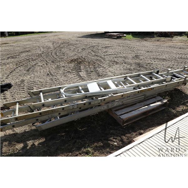 Three partial sections of extension ladders, damaged step ladder, folding step stool etc