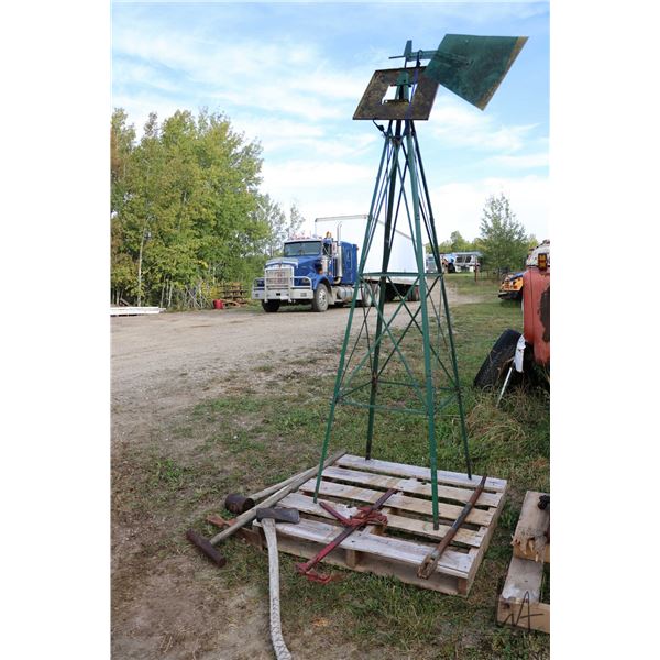 Free standing weather vane windmill, fence stretcher, sledge hammer, axe etc