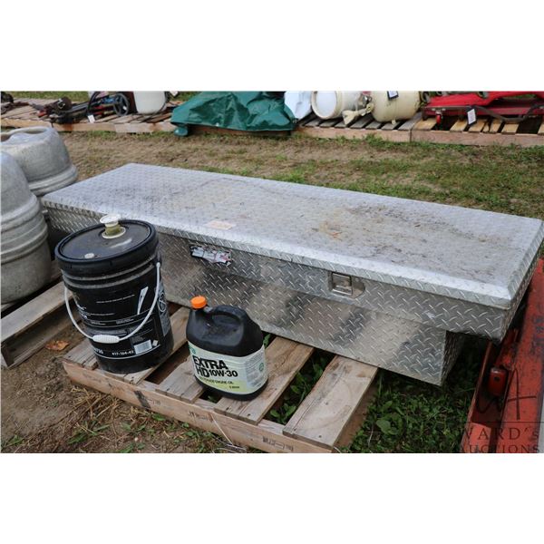 Aluminum truck bed tool box, 15"h x 61"w at lower section and 72"w at upper section x 21"d